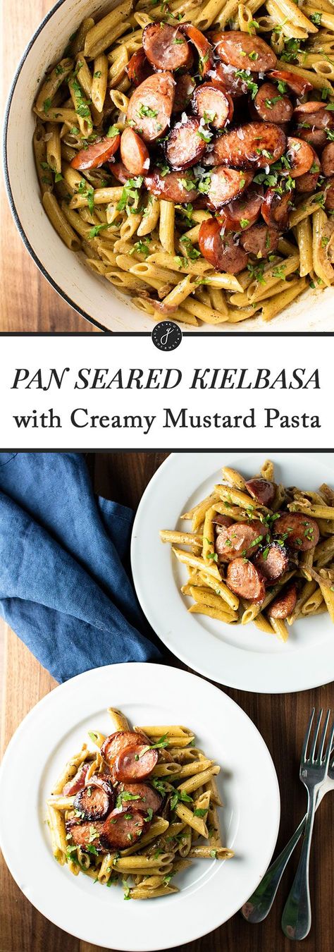 Pan seared kielbasa with a creamy mustard pasta made with white wine, butter, cream, and Parmesan cheese | girlgonegourmet.com via @april7116 Mustard Pasta, Kielbasa Pasta, Mustard Cream Sauce, Creamy Mustard Sauce, Kielbasa Recipes, Pastas Recipes, Wine Butter, Mustard Sauce, Pasta Dinner Recipes