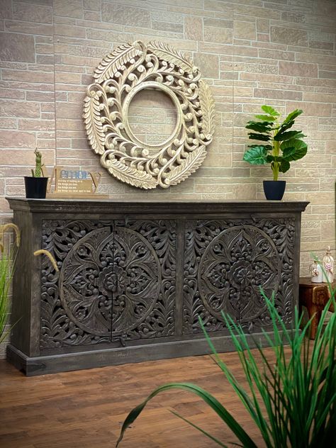 European Furniture Design, Side Board Living Room, Mandir On Chest Of Drawers, Moroccan Sideboard, Carved Wood Furniture, Indian Wood Dresser, Indian Carved Furniture, Carved Sideboard, Indian Carved Wood Wall Art