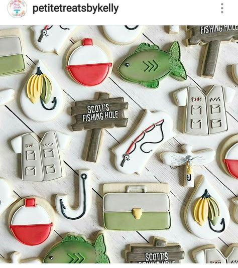 Camping Cookies, Fishing Themed Birthday Party, Fish Cookies, Sugar Cookie Royal Icing, Sugar Cookie Designs, Fishing Birthday, Fancy Cookies, Cookie Inspiration, Iced Cookies