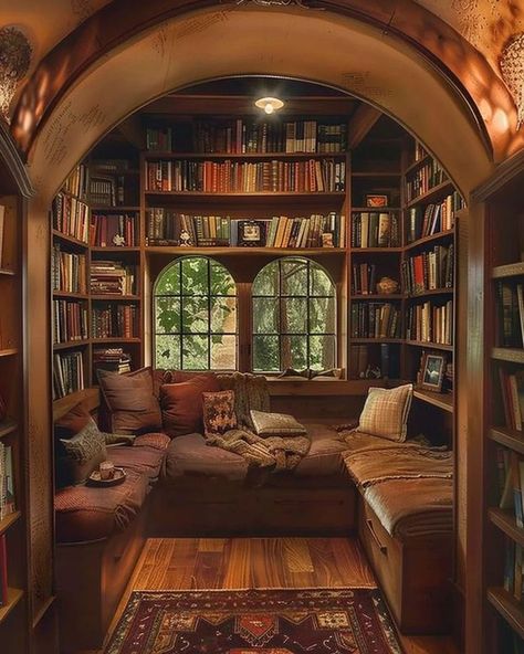 Modern Cottage Library, Home Library Rustic, Cute Library Ideas, Library Room In House, Book Rooms Ideas, Cozy Rustic Home Aesthetic, Personal Library Aesthetic, In Home Library Ideas, Library In Room