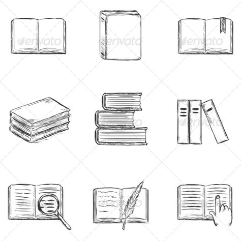 Set of  Sketch Books Icons Library Doodle Ideas, Library Icon Aesthetic, Drawing Library Sketch, Open Book Doodle, Pile Of Books Sketch, Imagination Art, Easy Books, Book Icons, Fantasy Drawings