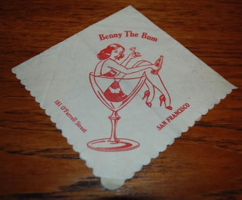 Vintage 1940's Benny The Bum, San Francisco, CA Paper Cocktail Napkin | #1900384989 Vintage Sale Poster, Vintage Cocktail Napkins, Mexican Graphic Design, Bar Napkins, Vintage Logos, Paper Cocktail Napkins, Vintage Menu, Cocktail Napkin, Vintage Napkins