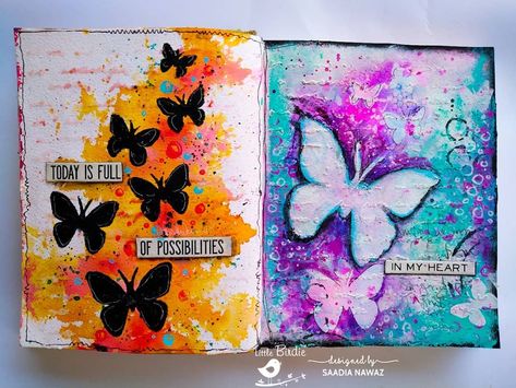 2 stencils, 2 simple journal pages, with gel resist technique.  Blog link is in profile.  #artjournaling #mixedmedia… Simple Art Journal Pages, Diary Pages Decoration Ideas, Basic Sketch, File Decoration, Simple Journal, File Decoration Ideas, Journal Decoration, Childhood Art, Journal Therapy