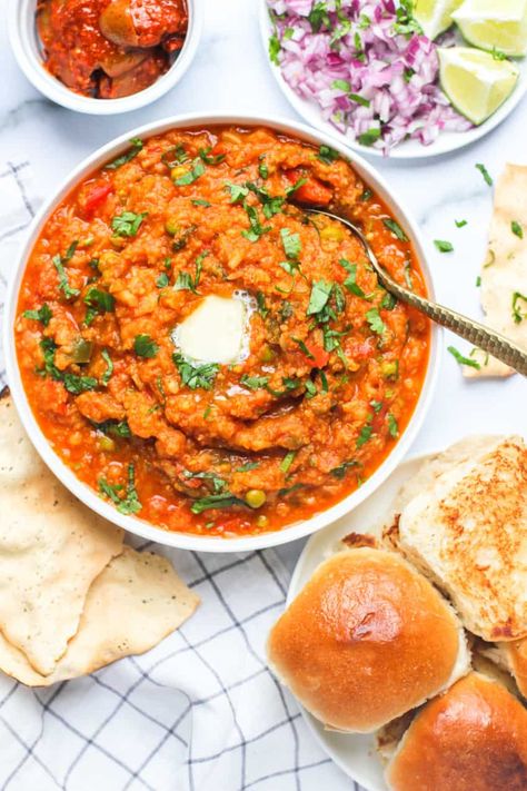 Easy Pav Bhaji recipe that is loaded with spicy veggies topped with butter, diced red onions, cilantro & a dash of lime, served with warm buttery buns. #ministryofcurry #pavbhaji Ministry Of Curry, Pav Bhaji Recipe, Pav Bhaji Masala, Bhaji Recipe, Stove Top Recipes, Pav Bhaji, Vegetable Dish, Desi Food, Indian Street Food