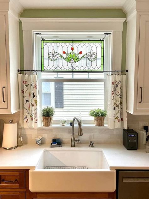 27 Must-Have Pieces For A "More Is More" Decor Style Stained Glass Over Kitchen Sink, Entryway Window Coverings, Stained Glass Hanging In Window, Stained Glass Kitchen Window, Kitchen Sink Window Treatments, Kitchen 2025, Stained Glass Transom Window, Over Kitchen Sink, Stained Glass Transom