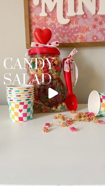 Kelly Oester - your new DIY mom friend on Instagram: "🍬Viral Candy Salad🍬  Because I'm in my fun mom (on a budget) era 🙌🏻✨🪩  @walmart is your one stop shop for this SWEET DIY candy jar. We have been using it as a special after dinner treat, but I think it would make an adorable gift too! I LOVE how it turned out and the boys are obsessed.   COMMENT "candy" and I'll dm you all of the links you need to make one yourself!   #walmartpartner #IYWYK #valentinesday #candysalad #gummybeartrend #viralcandysalad #viralgummybear #diy" Candy Salad, Diy Mom, Fun Mom, Mom Friend, Salad In A Jar, Mom Diy, Candy Jar, Diy Candy, Friends Mom