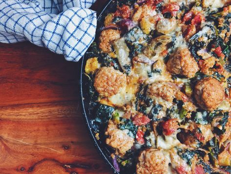 Italian Chicken Sausage Meatball Skillet Italian Sausage Skillet, Meatball Skillet, Chicken Italian, Sausage Skillet, Sausage Meatballs, Italian Chicken Sausage, Herb Seasoning, Italian Chicken, An Apron