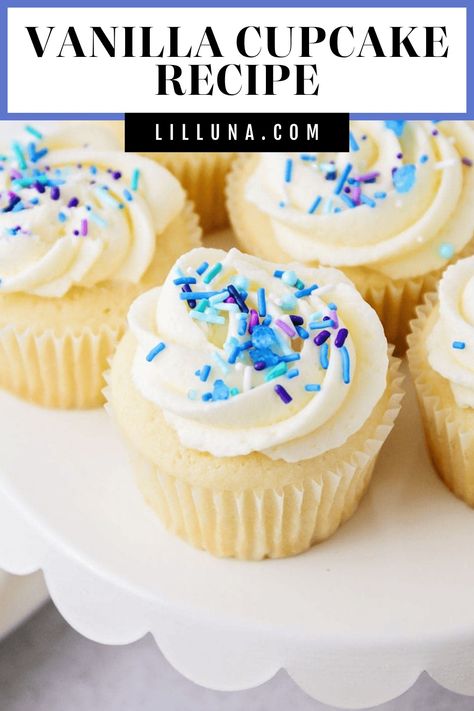 This moist and fluffy vanilla cupcake recipe is perfect for parties, celebrations, or just because. It's so flavorful! #vanillacupcakes #cupcakes #vanilla #dessert #cake Vanilla Cupcakes From Scratch, Fluffy Vanilla Cupcake Recipe, Best Vanilla Cupcakes, Best Vanilla Cupcake Recipe, Homemade Vanilla Cupcakes, Vanilla Dessert, Cupcakes From Scratch, Easy Vanilla Cupcakes, Moist Vanilla Cupcakes