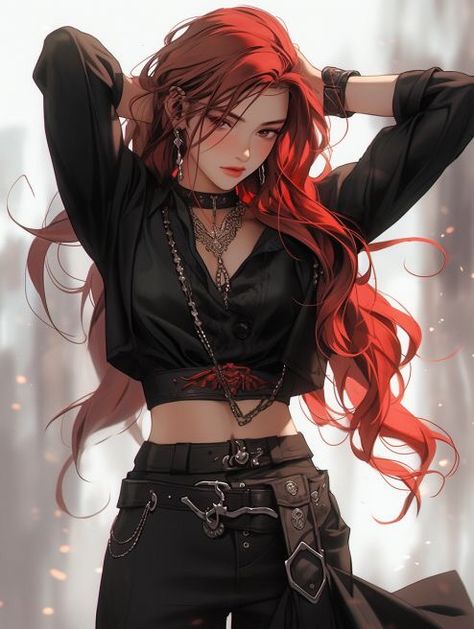 Red Haired Female Oc, Red Hair Character Design Female, Redhead Oc Art, Badass Anime Female, Strong Anime Characters, Red Haired Woman Art, Red Anime Hair, Fantasy Red Hair, Red Head Character Design