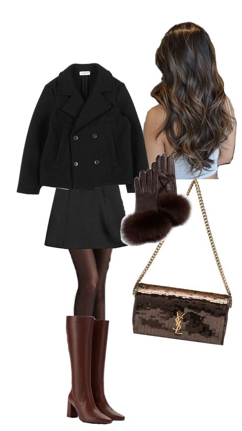 brown and black winter outfit inspo, ysl bag, dark brown hair with highlights, thigh high boots with a mini skirt and coat Brown Thigh High Boots Outfit, Brown Boots Outfit Winter, Dark Brown Boots Outfit, Brown Coat Outfit, Dark Brown Hair With Highlights, Brown Thigh High Boots, Thigh High Boots Outfit, Brown Boots Outfit, Winter Coat Outfits