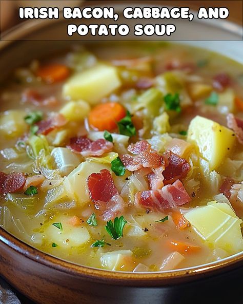 Irish Comfort Bowl: Hearty Bacon, Cabbage, and Potato Soup Irish Potato Cabbage Soup, Bacon Potato Cabbage Soup, Irish Bacon Cabbage And Potato Soup, Potato And Cabbage Soup, Cabbage And Potato Soup, Irish Sausage, Bacon Cabbage, Cabbage Potato Soup, Irish Bacon