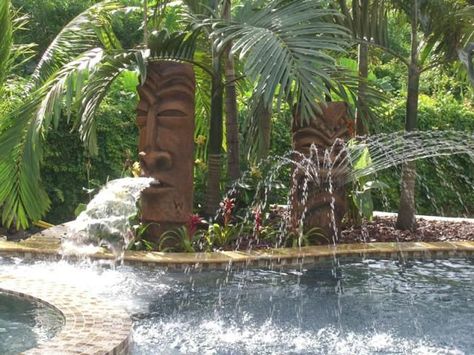 Tiki Fountain Tiki Pool, Tiki Statues, Tiki Decor, Tropical Backyard, Tiki Lounge, Pool Remodel, Vintage Tiki, Dream Yard, Tiki Hut