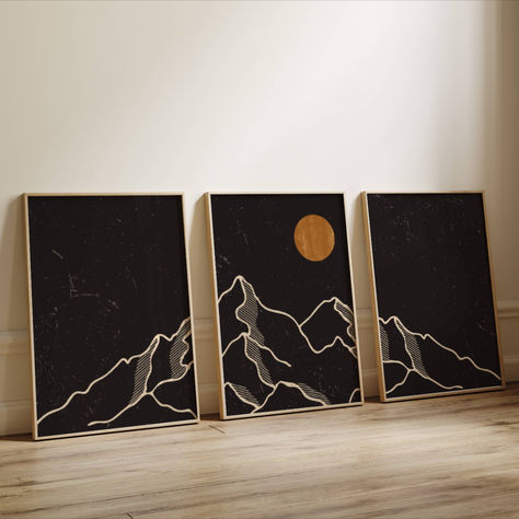 This set features three art prints, each showcasing minimalistic line art mountains on a black background. It is designed to be displayed as a triptych, creating a stunning focal point on your wall. This minimalist set is perfect for enhancing up any space, be it your living room, bedroom, office or anywhere else. It also makes a thoughtful and unique gift for your friend for a special event like Christmas, birthday, or housewarming. Line Art Mountains, Art Mountains, Aesthetic Landscape, Japandi Wall Art, Panoramic Wall Art, Wall Art Gallery, Mountain Wall, Modern Mountain, Set Of 3 Prints