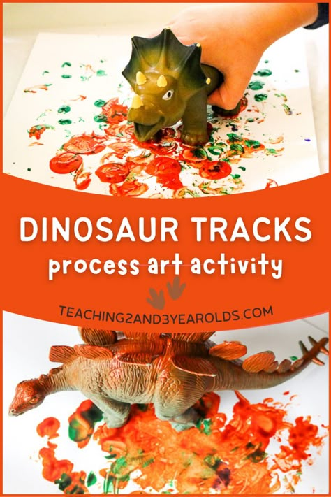 Looking for an easy toddler dinosaur art activity? Make footprints with paint across paper!  #toddlers #art #dinosaurs #paint #process #activity #teaching2and3yearolds Dinosaurs Toddlers Activities, Dino Art For Toddlers, Dinosaur Lesson Plans For Preschool, Dinosaur Lesson Plans For Toddlers, Dinosaur Toddler Art, Dinosaurs Activities For Toddlers, Dinosaur Toddler Crafts, Toddler Dinosaur Crafts, Dinosaur Process Art