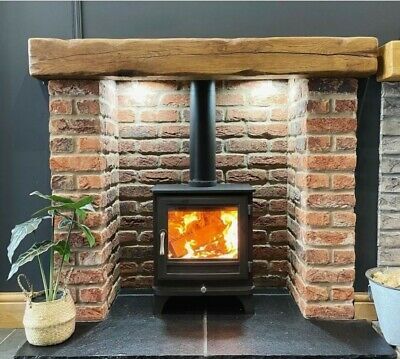 Traditional SOLID OAK BEAM Fireplace Mantel Mantle Shelf 8x4 | eBay Stove Corner Ideas, Brick Fireplace Log Burner, Oak Beam Fireplace, Wood Stove Chimney, Exposed Brick Fireplaces, Woodburning Stove Fireplace, Wood Burner Fireplace, Wooden Stove, Wood Burning Stoves Living Room