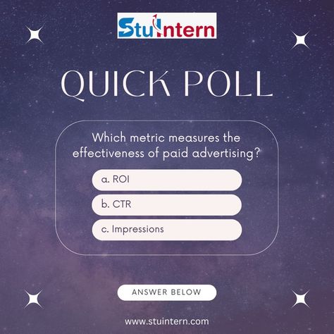 Question of the Day Commonly asked question related to Digital Marketing. Feel free to tag and challenge your friends to answer them as well. Comment your answer now. . . . . #internship #quiz #quiztime #question #questionoftheday #digitalmarketing #comment #tag #post #newpost #trending #friends #answer #ROI #impression #ctr #paidadvertising Paid Advertising, Question Of The Day, Computer Technology, Information Technology, Online Training, Psychology, Finance, Digital Marketing, The Day