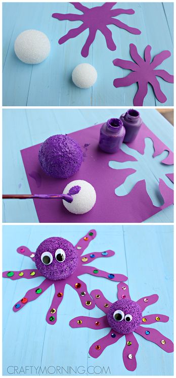 Styrofoam Ball Octopus Craft for Kids (fun for an ocean theme !) | CraftyMorning.com Octopus Craft, Sea Animal Crafts, Octopus Crafts, Vbs Crafts, Ocean Crafts, Animal Crafts For Kids, Styrofoam Ball, Daycare Crafts, Camping Crafts