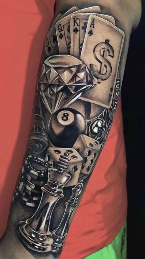 Gambling Tattoo Ideas, Poker Tattoo, Casino Tattoo, Dice Tattoo, Egyptian Tattoo Sleeve, Feminine Tattoo Sleeves, Ancient Tattoo, Clown Tattoo, Chicano Style Tattoo