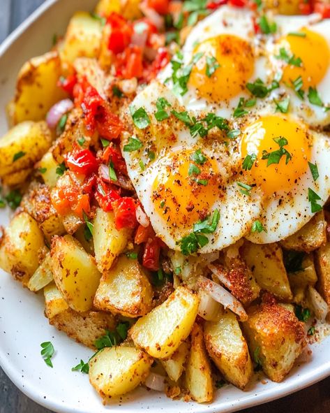 Spanish-Style Eggs with Roasted Potatoes – Easy Breakfast Recipe Spanish Eggs, Spanish Breakfast, Potatoes Easy, Easy Breakfast Recipe, Breakfast Recipe, Roasted Potatoes, Breakfast Recipes Easy, Spanish Style, Easy Breakfast