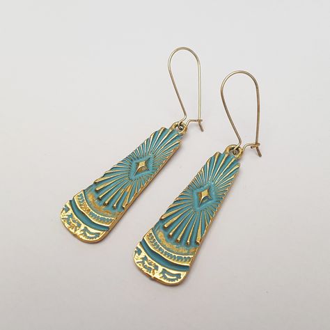 Big Bold Blue Patina Brass Egyptian Style Earrings, Statement, Gold Sun Burst Earrings, Tribal, Boho Earrings, Minimalist Drop Earrings by TemporalFlux on Etsy Bohemian Turquoise Brass Jewelry, Bohemian Antique Gold Brass Earrings, Turquoise Dangle Earrings In Brass, Turquoise Dangle Brass Earrings, Turquoise Bohemian 14k Gold-filled Earrings, Unusual Earrings, Gold Sun, Egyptian Jewelry, Art Deco Earrings