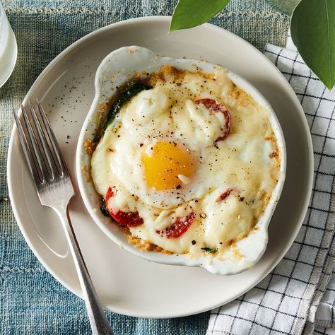 Creamy Baked Eggs recipe on Food52 Individual Egg Bake Recipes, Creamy Baked Eggs, Béchamel Sauce, Egg Benedict, Baked Eggs Recipe, Spinach Tomato, Egg Cheese, Food Contest, Eggs Recipe