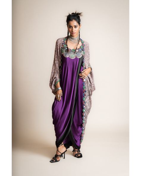 Purple Embroidered Maxi Dress With Long Jacket | Nupur Kanoi Dress With Long Jacket, Nupur Kanoi, Sack Dress, Beadwork Embroidery, Peacock Print, Embroidered Maxi Dress, Indian Clothing, Custom Bridal, Long Jacket