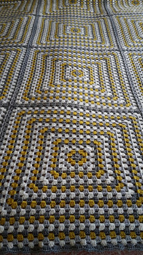 Crochet blanket in large granny squares. Stylecraft Special DK in grey mustard silver and cream Baby Jumper Pattern, Baby Crochet Blankets, Crochet Blanket Baby, Kare Motif, Crochet Blanket Ideas, Grey Crochet, Ravelry Crochet, Crochet Baby Gifts, Blankets And Pillows