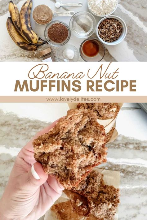 These Vegan Banana Nut Muffins are light, fluffy, and packed with delicious flavor! Perfectly moist and naturally sweet, they make a healthy breakfast treat or a delightful dessert. Finished with a sprinkle of coarse sugar and walnuts for a satisfying crunch in every bite. Muffins Healthy Banana, Banana Nut Muffins Recipe, Nut Muffins Recipe, Vegan Banana Nut Muffins, Creative Breakfast Recipes, Lovely Delites, Cottage Cheese Breakfast, Nut Muffins, Banana Brownies