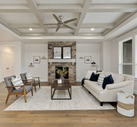 like the colors overall How To Paint Coffered Ceilings, Painted Ceiling Beams, Ceiling Beams Living Room, Painted Beams, Beams Living Room, Grey Ceiling, Tray Ceilings, Benjamin Moore Paint Colors, Mindful Gray