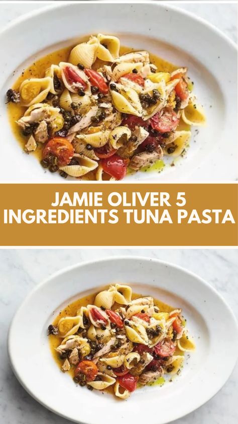 Jamie Oliver 5 Ingredients Tuna Pasta (Sicilian tuna pasta) is made with pasta shells, baby capers, cherry tomatoes, dried oregano, and tuna in olive oil. This easy Tuna Pasta recipe creates a delicious dinner that takes about 20 minutes to prepare and can serve up to 4 people.

This Tuna Pasta Recipe Is From 5 Ingredients: Quick & Easy Food Cookbook by Jamie Oliver Tuna Pasta Recipes Easy, Tuna Pasta Recipes, Pasta With Capers, Easy Tuna Pasta, Jamie Oliver 5 Ingredients, Pasta With Tuna, Pasta With Olives, Shell Pasta Recipes, Chicken Fettuccine