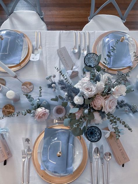 Table Decor For Family Style Meal, Low Reception Centerpieces, Light Blue And Cream Wedding Theme, Powder Blue And Gold Wedding, Steel Blue Wedding Decor, Bridgerton Wedding Ideas, Bridgerton Inspired Wedding, Baby Blue Weddings, Blue Wedding Decorations