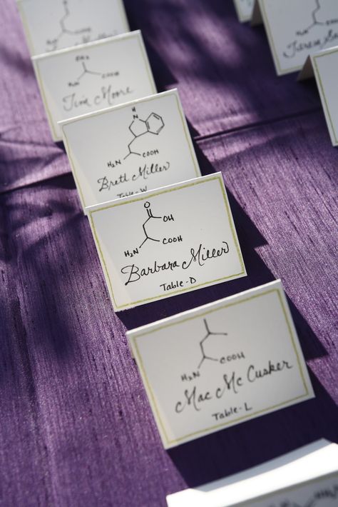 Nerdy wedding. Tables were lettered, and place cards had the molecular structure of the corresponding amino acid.      Allison K. Walker - Art & Illustration: Science Wedding Calligraphy Science Wedding Theme, Chemistry Wedding, Science Wedding, Illustration Science, Nerd Wedding, Geeky Wedding, Nerdy Wedding, Geek Wedding, Science Nerd