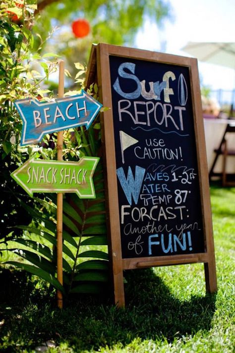 Surf Report Sign, Surf Party Ideas Decorations, Vintage Beach Party Decor, Surf Theme Centerpieces, Surf Shack Party, Surf Party Decorations, Surf Theme Party, Vintage Beach Party, Surfing Party