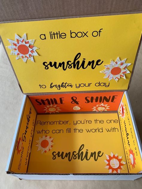 Sunshine Care Package, Sunshine Sayings, Diy Care Package, Sunshine Box, Yellow Items, Box Of Sunshine, Bff Birthday Gift, Care Package Ideas, Bff Birthday