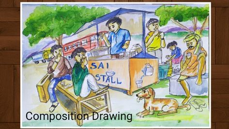 Composition drawing of Tea stall in two point perspective for elementary/intermediate/foundation course/bfa 1st year/ATD. Link is in web. Tea Stall Drawing Composition, Tea Stall Drawing, Stall Drawing, Subject Drawing, Tea Stall, 2 Point Perspective, Two Point Perspective, Memory Drawing, Composition Drawing