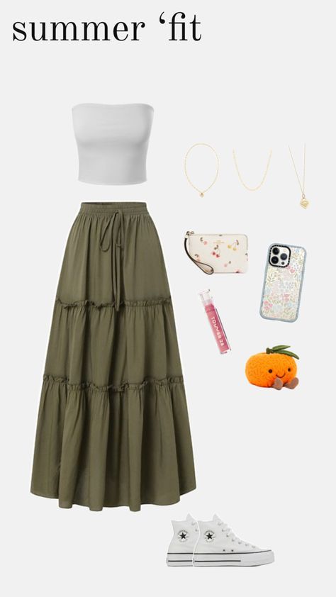 aesthetic summer outfit long float skirt white top green floral cute converse summer outfit inspo aesthetic summer outfit spring accessories cute accessories summer Green Floral Skirt Outfit, White Converse Outfit Summer, Converse Summer Outfit, Float Skirt, Converse Summer, Green Skirt Outfits, Green Top Outfit, Floral Skirt Outfits, Long Green Skirt