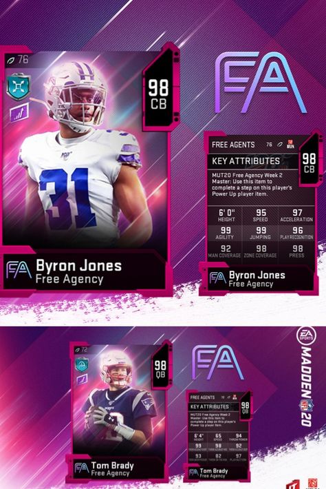 On Wednesday, March 25th, EA will officially release Madden 20 NFL Free Agents Part 2 in the Ultimate Team. These include many new high-rated player cards. Some of the best cards will include Byron Jones and the new Tampa Bay Buccaneers quarterback Tom Brady. See below for more details on the new items available now. Trading Cards Design, Card Ui, Soccer Cards, Banner Design Inspiration, Madden Nfl, Sports Card, Player Card, 3d Studio, Game Card