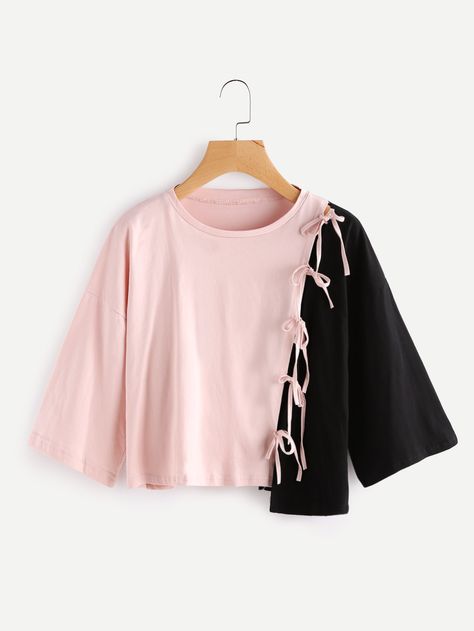 Shop Asymmetric Contrast Tee With Tie Detail online. SheIn offers Asymmetric Contrast Tee With Tie Detail & more to fit your fashionable needs. Sewing Diy Projects, Áo Blu, Ideas For Sewing, Diy Vetement, Fashion Tops Blouse, Trendy Fashion Tops, Sewing Diy, Crop Top Outfits, Fashion Attire