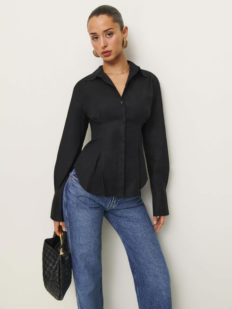 Buttoned up. Shop the Becker Shirt from Reformation, a long-sleeve top with a collared neckline, button front, and tailored waist.