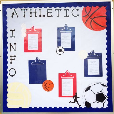 Athletics Bulletin Board, Athletic Director Office Decor, Sports Bulletin Boards Elementary, Athletic Director Organization, Pe Coach Office Ideas, Athletic Bulletin Board Ideas, Pe Bulletin Board Ideas, Athletic Director Office, Pe Bulletin Boards Middle School