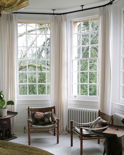 Drapes On Bay Window, Linen Curtains Bay Window, Bay Window Shutters And Curtains, Drapes For Bay Windows, Victorian Bay Window Curtains, Bay Window Styling Living Room, Style A Bay Window, Bay Window With Curtains, English Living Room Modern