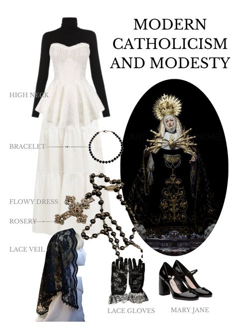 Embrace the Graceful Intersection of Modesty and Catholic Inspiration in Fashion! Christmas Mass Outfit Catholic, Catholic Girl Aesthetic Outfit, Gothic Christian Aesthetic, Catholic Mass Outfit, Christmas Mass Outfit, Catholic Outfits, Goth Catholic, Catholic Dress, Christian Goth