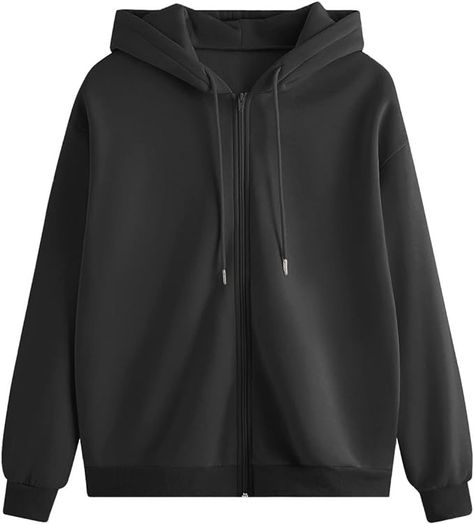 MakeMeChic Women's Zip Up Long Sleeve Drawstring Hoodie Hooded Sweatshirt Black M at Amazon Women’s Clothing store Plain White Sweatshirt, Under Armour Hoodie Women, Black Zip Up Hoodie, Zipup Hoodie, Lace Hoodie, Fashion Minimal, Band Hoodies, Oversize Casual, Under Armour Hoodie