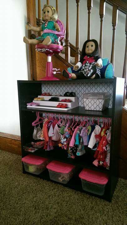 Our Generation Doll Accessories Storage, Organizing American Girl Doll Stuff, American Girl Doll Clothes Storage, American Girl Doll Organization Ideas, American Girl Organization, My Life Doll Storage Ideas, Babydoll Storage Ideas, Doll Clothes Storage, American Girl Storage Ideas