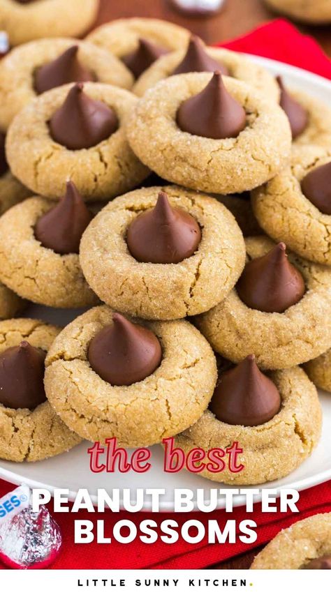 Peanut Butter Blossom Cookies are a long-enjoyed favorite, especially at holiday time. You can make these easy peanut butter and chocolate cookies in an afternoon. Homemade Peanut Butter Blossom Cookies, Small Batch Peanut Butter Blossoms, Peanut Butter Hershey Kiss Cookies, Peanut Butter Kiss Cookies Recipe, Peanut Blossom Cookies, Butter Squares, Kiss Cookie Recipe, Peanut Butter Blossoms Recipe, Hershey Kiss Cookies