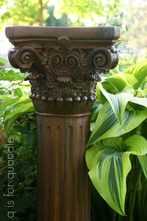 a rusty garden pedestal. – q is for quandie Outdoor Pedestal, Garden Pedestal, Sculpture On Pedestal, Pedestal For Sculpture, Vintage Garden Side Metal Table, Plant Pedestal, Rusty Garden, Trash To Treasure, Garden Structures