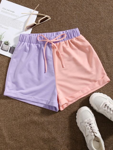 Two Tone Knot Front Track Shorts | SHEIN USA Short Pants Outfit, Pastel Goth Fashion, Girls Shorts, Women Shorts, Track Shorts, Comfy Shorts, Cute Simple Outfits, Color Shorts, Cute Shorts