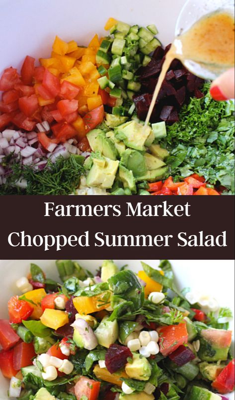 Chopped summer salad Farmers Market Salad Recipes, Farmer’s Market Recipes, Farmers Market Recipes Spring, Farmers Salad Recipe, Summer Farmers Market Recipes, Farmers Market Dinner Ideas, Summer Chopped Salad Recipes, Farmers Market Recipes Summer, Summer Farmers Market Aesthetic