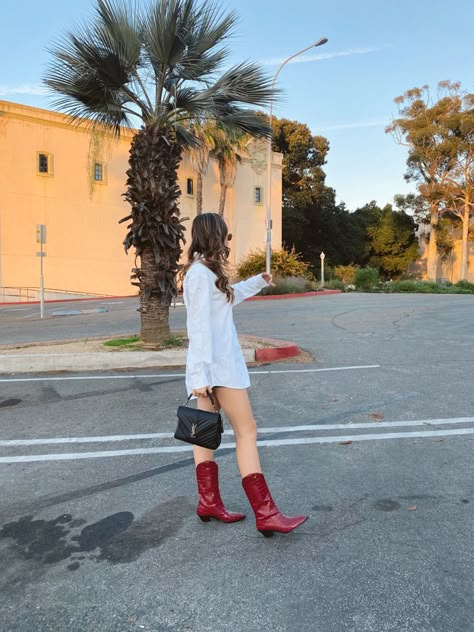 Style Red Cowboy Boots, Styling Red Cowboy Boots, White Dress Red Boots, Red Cowboy Boots Outfit Summer, Boots Classy Outfit, Burgundy Cowboy Boots Outfit, Red Boot Outfit Ideas, Red Leather Boots Outfit, Outfits With Red Cowboy Boots