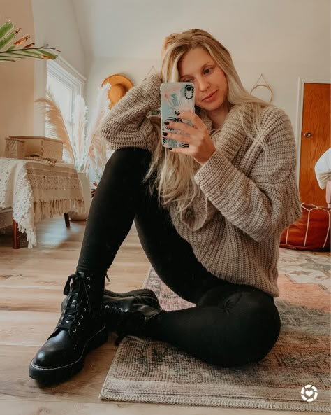 No makeup Sunday’s, it’s a thing. 🤪 Can’t go wrong with an oversized sweater, black leggings and combat boots for a stroll through Target. 🙃 http://liketk.it/2XXv3 #liketkit @liketoknow.it #LTKshoecrush #LTKunder50 #LTKunder100 #LTKFall Shiny Black Combat Boots Outfit, Combat Boots And Sweater Outfit, Guess Combat Boots Outfit, Combat Boots Leather Leggings, Boho Combat Boots Outfit, Outfits With Black Combat Boots Fall, Black Combat Boots Winter Outfit, Curvy Combat Boots Outfit, Girly Combat Boots Outfit